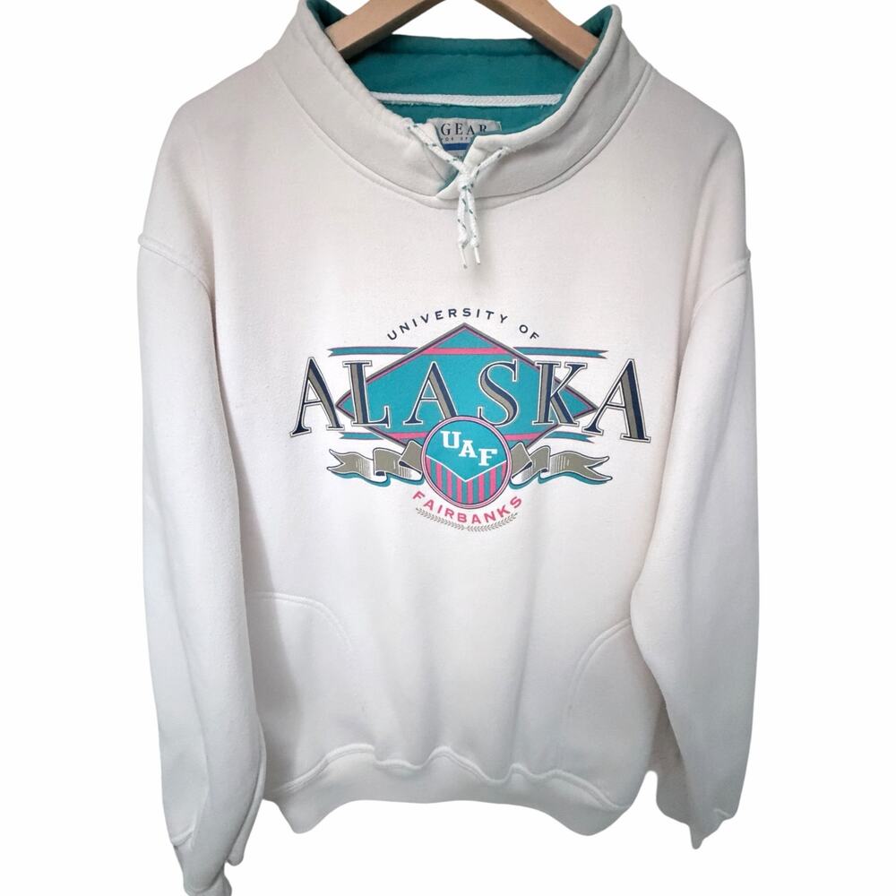 Vintage University Alaska Fairbanks Funnel Neck Sweatshirt Adult M White UAF